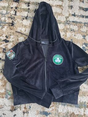 Black Velour Zip Hoodie with Boston Celtics Patches